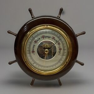 Vintage Aneroid Barometer Ships Wheel Nautical Wood Brass West Germany Tested